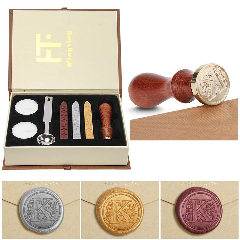 Mingting Wax Seal Stamp Kit,Mingting Classical Old-Fashioned Antique Wax Stamp Seal Kit Initial Letters Alphabet Set Gift Box with Vintage Wooden Handle and Brass Color Head(K) - Image 1